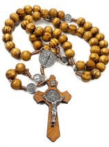 Nazareth Store Wood Beads Rosary Necklace Saint Benedict Medal &amp; Catholic Cross  - £7.43 GBP