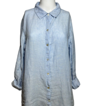 Sigrid Olsen Shirt Women&#39;s Large Blue Linen Roll Tab Sleeves Back Button Detail - £17.73 GBP