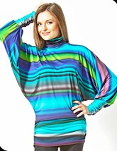 Oversized Batwing Blouson Turtleneck Jumper Made In Europe Aqua Party Blouse L - £51.13 GBP