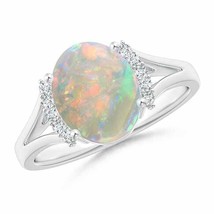 ANGARA Oval Opal Split Shank Ring with Diamond Collar in Silver Size 4 - $579.79