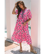 Pink Floral Contrast Neckline A-line Puff Sleeve Long Dress - $36.57 CAD