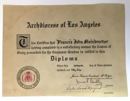 1955 Archdiocese of Los Angeles Student Diploma for Grammar Grades Calif... - $20.00