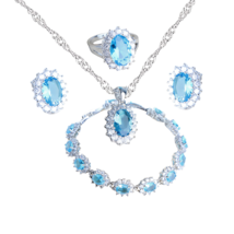 Anyco Jewelry Set 4Pcs Sky Blue Halo Style Zircon 925 Silver Floral - $64.90+