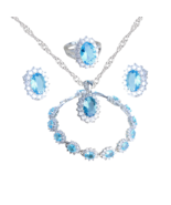 Anyco Jewelry Set 4Pcs Sky Blue Halo Style Zircon 925 Silver Floral - €55,34 EUR