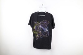 Vintage Y2K Streetwear Mens Small Faded Fantasy Dragon Fire Flames T-Shirt Black - £35.57 GBP