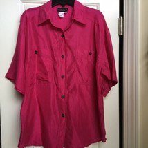 VINTAGE NOTATIONS 100% SILK FUCSIA TOP BUTTON DOWN BLOUSE SHORT SLEEVES ... - £11.87 GBP