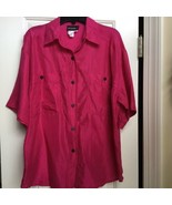 VINTAGE NOTATIONS 100% SILK FUCSIA TOP BUTTON DOWN BLOUSE SHORT SLEEVES ... - £11.73 GBP