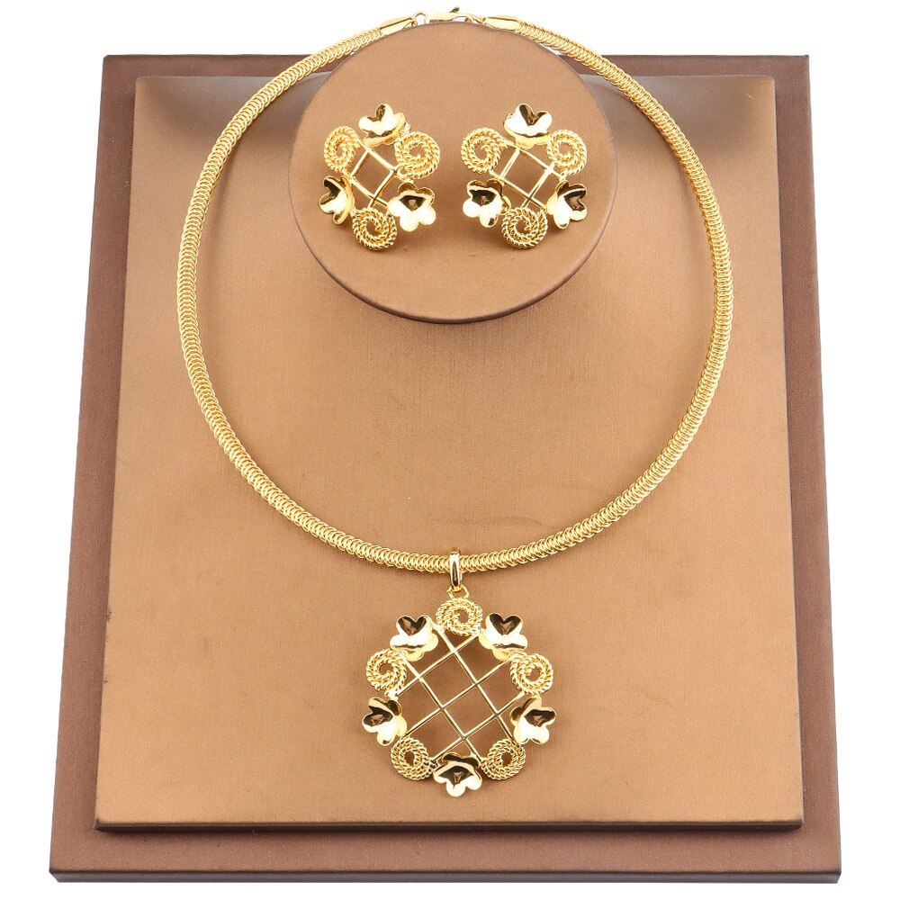 Trend Gold Jewelry Sets For Women Wedding Earing Gold Color Women Necklace Afric - £29.74 GBP
