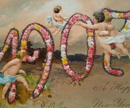 New Year Postcard Angels Cherubs 1907 Glitter American News Embossed 122/48 - £17.89 GBP