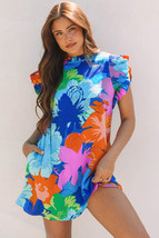 Blue Bold Floral Flutter Sleeve Shift Mini Dress with Pockets - $19.06