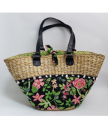 Vera Bradley Straw Beach Bag Tote Seashell Trim Large Fabric-Tie Closure... - $44.50