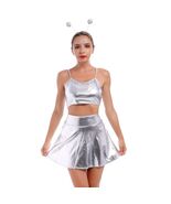 Alien Costume Women Metallic Crop Top Skirt Headband Silver Size 2XL - $143.92 MXN