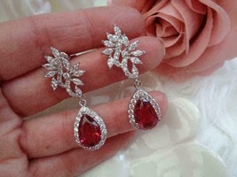 3Ct Pear Cut Simulated Ruby Drop/Dangle Earring 14k White Gold Plated Silver - £77.57 GBP