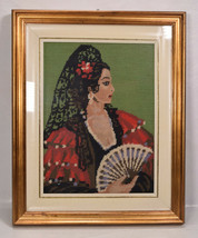 11” X 14” Vintage Needlepoint Frame Apron Spanish Lady with A Fan Girl Completed - £80.38 GBP