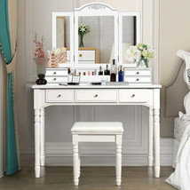 Makeup Dressing Table with Tri-Folding Mirror and Cushioned Stool for Women-Whit - £297.78 GBP