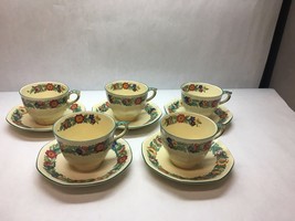 Vintage MASONS Ironstone NELL GWYN Pattern 5 COFFEE Cups SAUCERS Green TRIM - $68.56