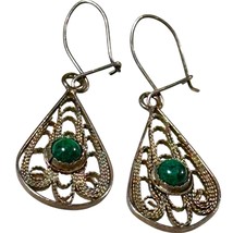Sterling Silver Green Stone Filigree Dangle Earrings  - $765.19 MXN