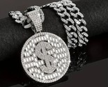 Mens Hip Hop Iced CZ Silver Plated Dollar Sign $ Pendant 14mm 20&quot; Cuban ... - £19.77 GBP