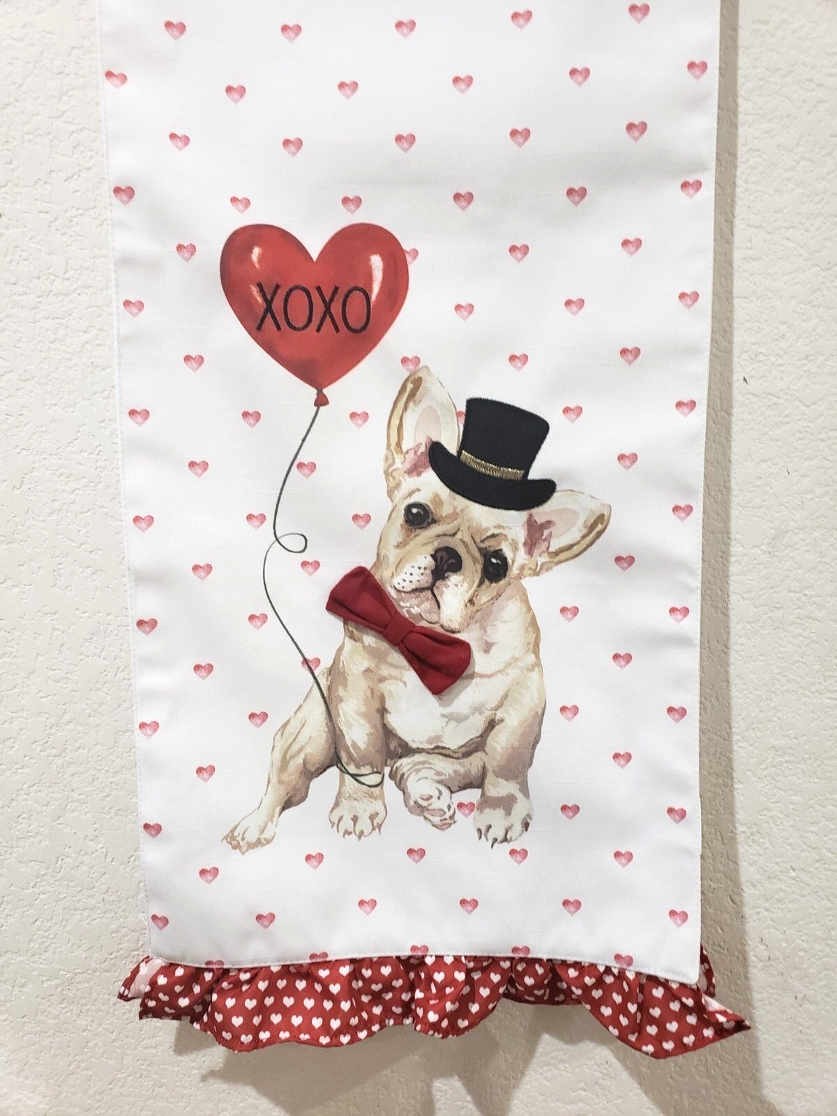 VALENTINES DAY FRENCH FRENCHIE BULLDOG DOG TABLE RUNNER RED HEARTS 13x72&quot; - $26.72