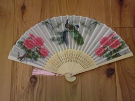 Japanese Art Print Silk Hand Folding Fan Fashion Decor Flowers &amp; Peacock... - £12.47 GBP