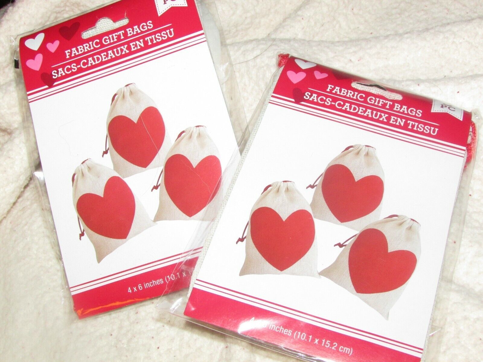 beige fabric GIFT BAGS with RED HEART on one side 4 x 6 in.(C) - £2.32 GBP