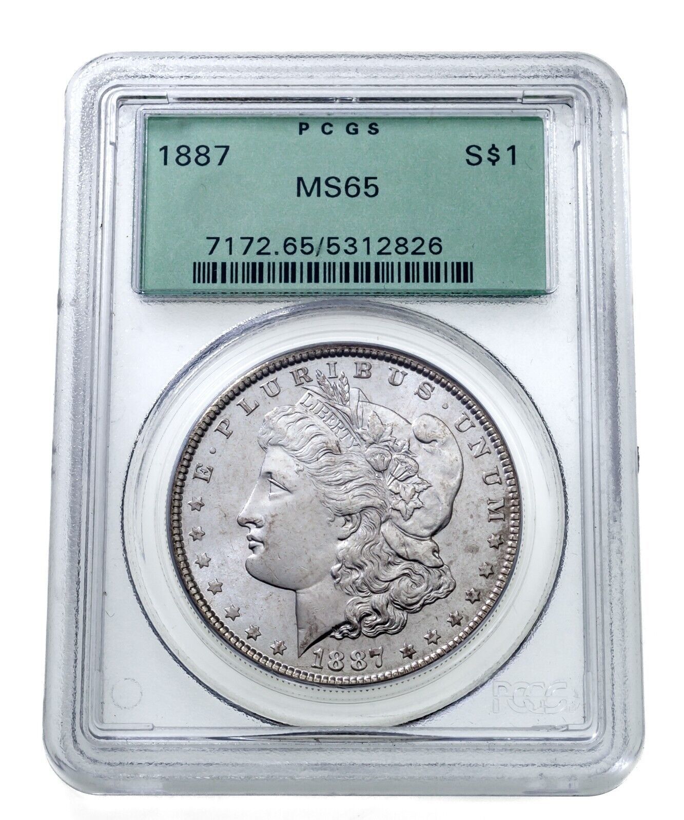 Primary image for 1887 $1 Silver Morgan Dollar Graded by PCGS as MS65 Green Label!