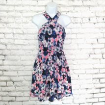 Express Dress Womens 2 Blue Pink Floral Sleeveless Halter Fit Flare Party Mini - £19.97 GBP