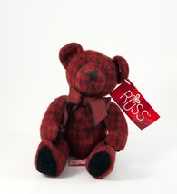 Russ Berrie Plush Bear Nelly Two Tone Maroon Flannel Plaid 8&quot; With Tags - £7.81 GBP