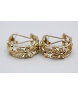 14K Gold Sandblast/Polished Finish Leaf Designs Wide Hoop Earrings Omega... - $888.29 CAD