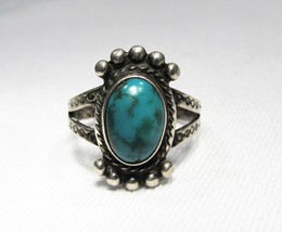 Estate Vintage Fred Harvey Era Turquoise Navajo Sterling Silver Ring C2033 - £46.28 GBP