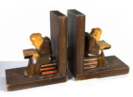 Pair Hand Carved Wooden Monks Reading 6&quot; x 6&quot; Bookends (Circa 1950&#39;s - Germany) - £50.90 GBP