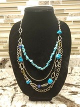 Necklace Layered Turquoise Blue Silver Tone Beads Chain - £12.41 GBP