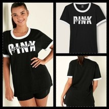 Nwt Victorias Secret Pink Cotton Short Sleeve Campus Ringer T-SHIRT Medium Black - £22.30 GBP