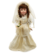  Porcelain Doll Wedding Bride 16&quot; Tall Brown Curly Hair Cameo Brooch Vin... - £14.76 GBP