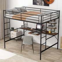 Full Size Loft Bed with Desk and Shelf - Space Saving Black Metal Frame for Bedr - £462.06 GBP