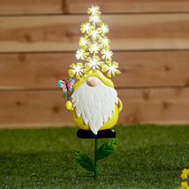 Solar Lighted Yellow Flower Gnome w/ Butterfly Metal Garden Stake - £53.07 GBP