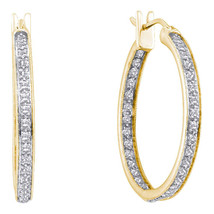 14k Yellow Gold Womens Round Diamond Inside Outside Hoop Earrings 1/4 Cttw - £518.26 GBP