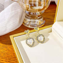 Cubic Zirconia &amp; Pearl 18K Gold-Plated Double Heart Drop Earrings - £10.38 GBP