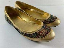 COACH Ballet Flats Gold Tartan Plaid True Graffiti Logo Shoes US 7.5 B Slip On - £31.81 GBP