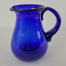 Cobalt Blue Glass Pitcher Hand Blown 9&quot; Tall Applied Handle Pontil Mark EVC - $18.95