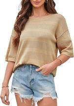 Women&#39;s Summer Oversized Hollow Out Crewneck Striped T Shirts Short Sleeve Knit - £10.71 GBP