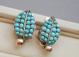 Antique Pave Persian Turquoise Cabochon Earrings Clip 10K &amp; Silver - £357.71 GBP