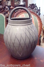 ROMANIAN Pottery Vase Signed: R.M black handled bowl VESSEL - $198.00