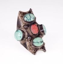 Tribal Turquoise &amp; Coral Long Sterling Silver Ring Sz: 10.75 - £268.64 GBP