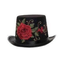 Gothic Steampunk Black Top Hat with Embroidered Red Rose Halloween Costume - £28.64 GBP