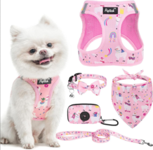 Small dog harness w/ leash, bow tie,scarf, &amp; bag holder pink llama &amp; rai... - £14.15 GBP