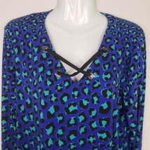 Bob Mackie Womens Shirt M Silky Pullover Strappy Front Blue Teal Leopard Ombre - £18.62 GBP