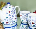 Colorful Ladybug &amp; Flowers Pattern Glazed Ceramic 16oz Tea Pot &amp; Cups Se... - $29.99