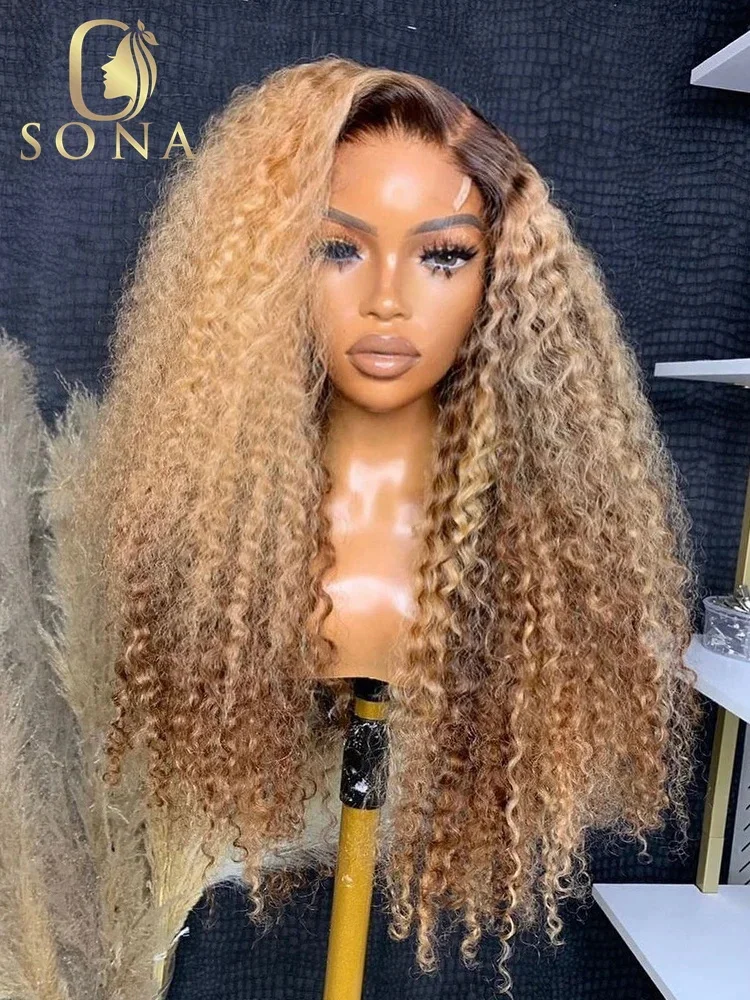 Oney blonde highlight lace frontal wig 13x6 hd transparent jerry kinky curly human hair thumb200