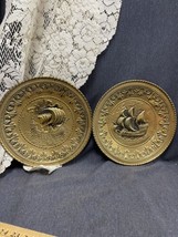 Lot Of 2 Vtg Peerage England Embossed Brass Decorative Wall Colonial Ship 12” - £11.73 GBP